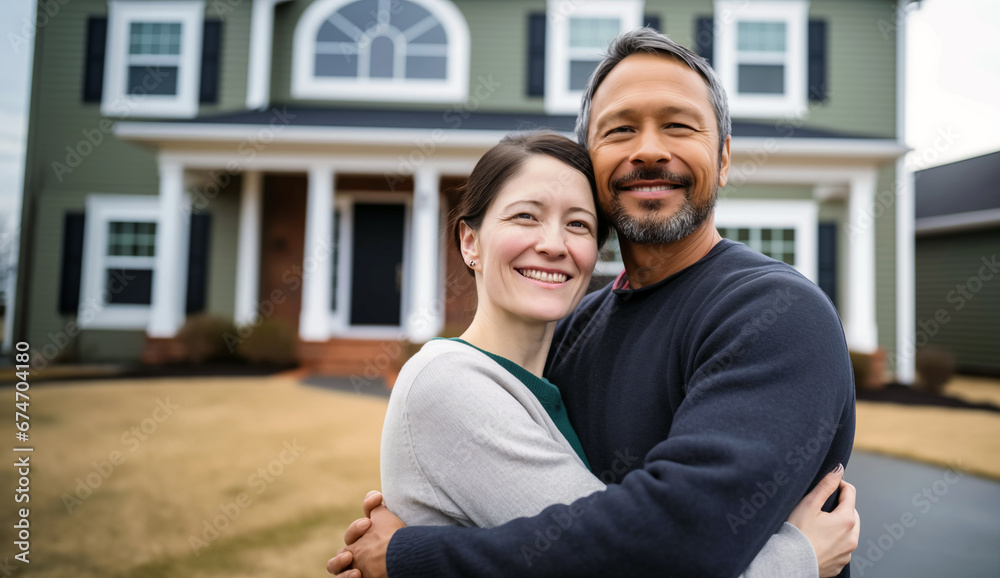 Happy couple embracing in front of their new suburban home, smiling, with a sense of achievement and contentment.