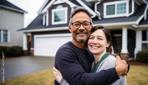 Happy couple embracing in front of their new suburban home, smiling, with a sense of achievement and contentment. photo