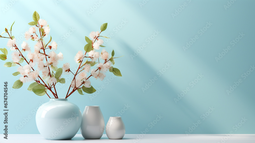 Pot of flowers on a minimalistic blue background. Created with Generative AI Pot of flowers on a minimalistic blue background. Created with Generative AI