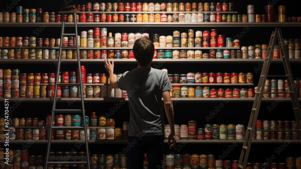 Panic buying amid crisis. A man looks for essentials in a pantry stocked with food. Panic buying amid crisis. A man looks for essentials in a pantry stocked with food.