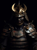 Illustration of a samurai warrior fully dressed in samurai war clothes. Isolated on dark background.
