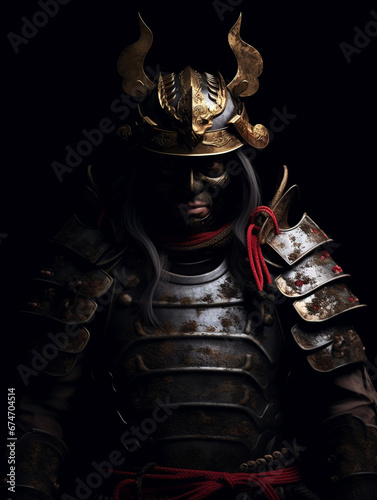 Illustration of a samurai warrior fully dressed in samurai war clothes. Isolated on dark background.
