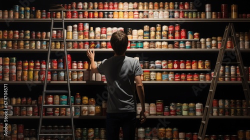 Panic buying amid crisis. A man looks for essentials in a pantry stocked with food.