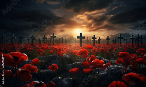 Soldiers graves marked with crosses stand in a poppy field. Remembrance day background