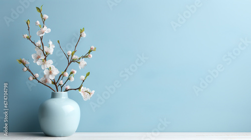 Pot of flowers on a minimalistic blue background. Created with Generative AI