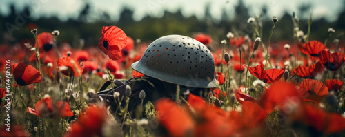 A military helmet in a field of red poppies. Remembrance day background, armistice day