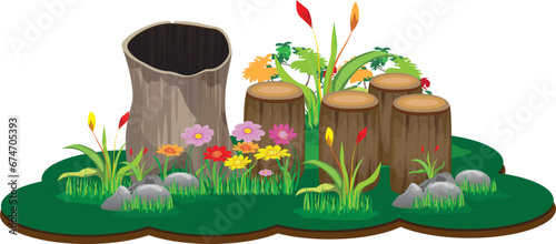 stump with mushroom on green floor in jungle vector design