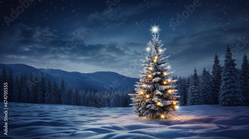 A majestic illuminated Christmas tree stands in a snowy meadow, surrounded by a dense pine forest under a starry night sky. © MP Studio
