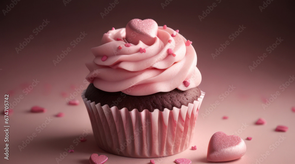 Valentine's Day, chocolate cupcake decorated with pink cream and hearts, romantic sweets