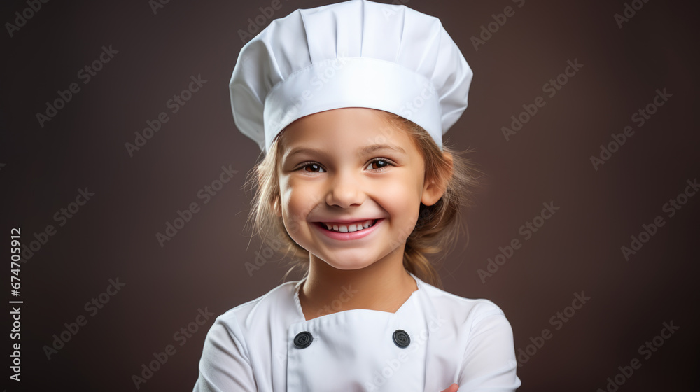 Little girl in a chef costume on isolated beige background. Little girl in a chef costume on isolated beige background.