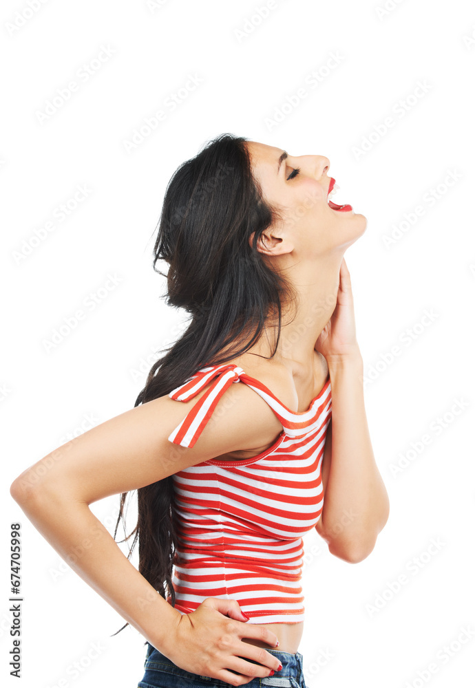 Happy, laugh and profile of woman in studio with reaction to comic, joke or story on white background. Laughter, good mood and side of model with funny, smile or crazy, humor or positive attitude Happy, laugh and profile of woman in studio with reaction to comic, joke or story on white background. Laughter, good mood and side of model with funny, smile or crazy, humor or positive attitude