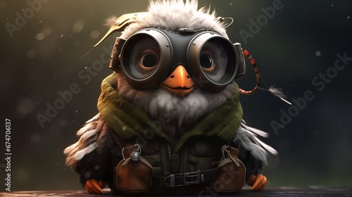 a cartoon bird wearing a jacket and goggles facing.Generative AI photo