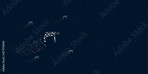 A drill symbol filled with dots flies through the stars leaving a trail behind. Four small symbols around. Empty space for text on the right. Vector illustration on dark blue background with stars