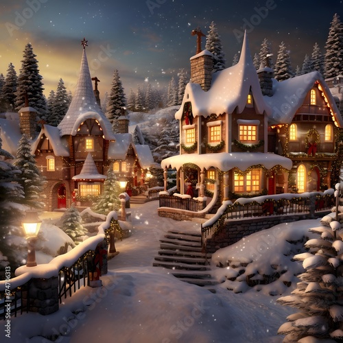 Christmas village with wooden houses in the snow at night, Christmas background