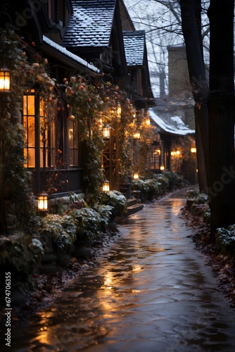 Winter in the city. A narrow street with a cozy house in the evening.