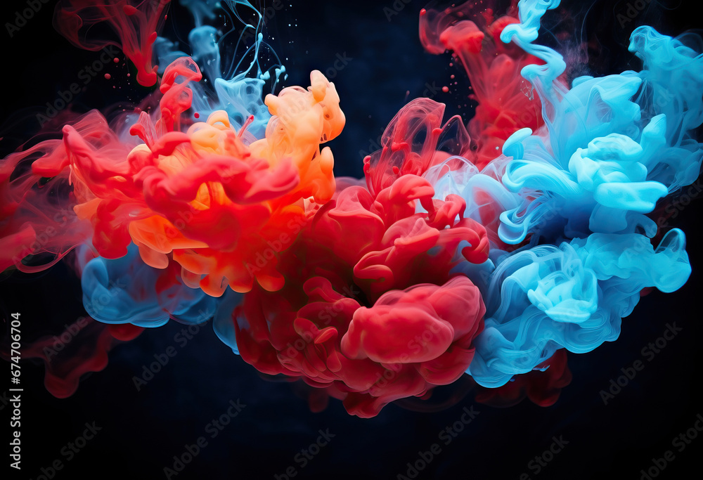 Fototapeta premium a mixture of colored ink on black background, with red, orange, blue and yellow smoke swirling on black background
