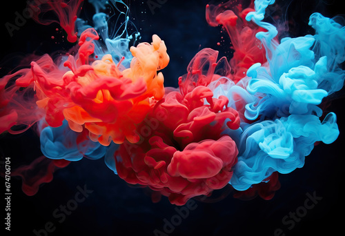 a mixture of colored ink on black background, with red, orange, blue and yellow smoke swirling on black background