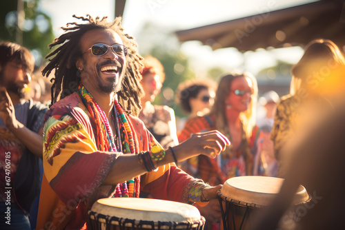 African hippy man playing percussion in a party photo
