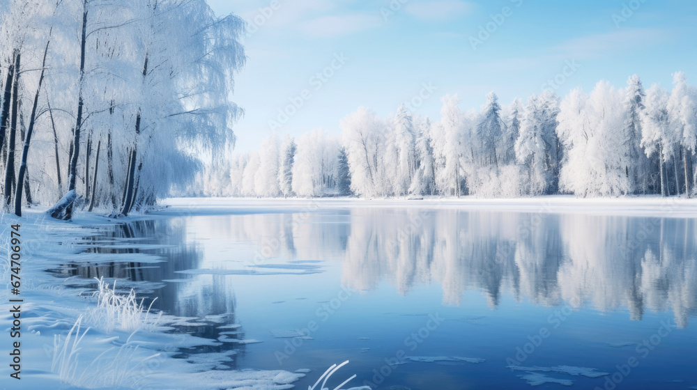 A serene winter landscape with a snow-covered forest reflecting on the surface of a tranquil, partly frozen lake under a clear blue sky.