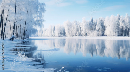 A serene winter landscape with a snow-covered forest reflecting on the surface of a tranquil, partly frozen lake under a clear blue sky. © MP Studio