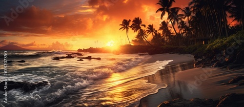 In the background of the black sky the sun sets over the ocean casting vibrant colors on the tropical beach as the waves crash against the shore creating a picturesque summer landscape for 