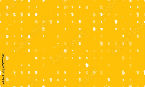 Seamless background pattern of evenly spaced white mug beer symbols of different sizes and opacity. Vector illustration on amber background with stars