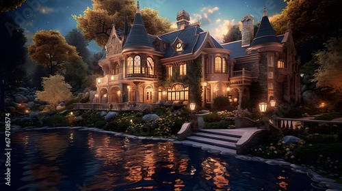 Digital painting of a beautiful house in the park at night, with reflection