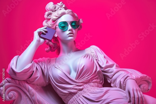 Haughty portrait of the Greek goddess Aphrodite in blue glasses lying on a sofa with a phone in her hand.