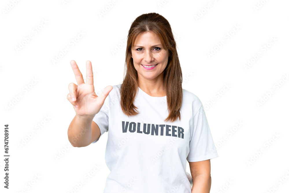 Middle age volunteer woman over isolated background happy and counting three with fingers Middle age volunteer woman over isolated background happy and counting three with fingers