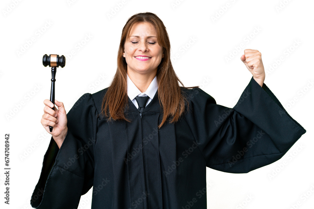 Judge caucasian woman over isolated background doing strong gesture Judge caucasian woman over isolated background doing strong gesture