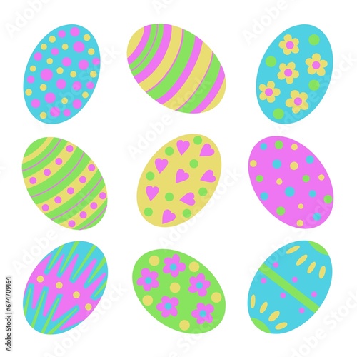 Colourful Easter egg illustration. The eggs are decorated in floral  striped and polka dot decorations. A pretty Easter display  in fresh Spring colours.