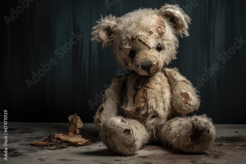 broken lonely teddy bear on dark background