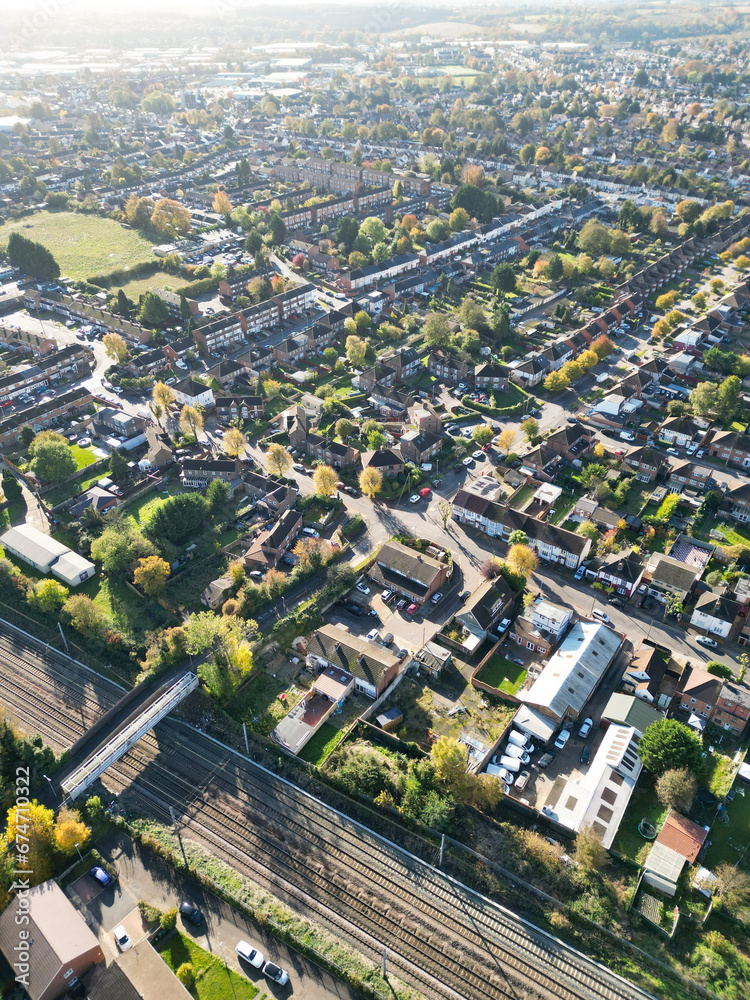High Angle Beautiful Footage of North Luton Leagrave Town of England UK During Mostly sunny Day. The Footage Was Captured with Drone's Camera on November 7th, 2023