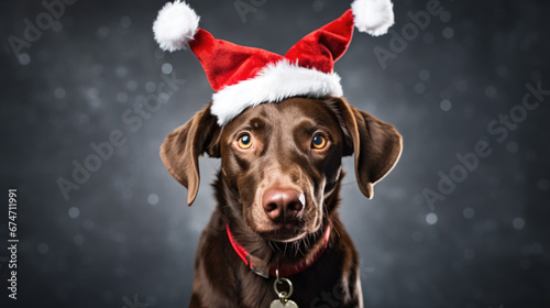 Joyful dog wearing a Santa hat and faux reindeer antlers against a blurred background  embodying a festive and playful spirit.