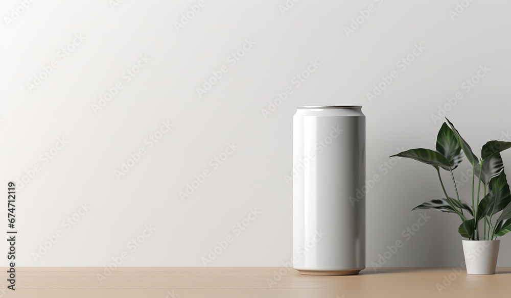 Blank white soda can on gray background, ideal for mockups and product