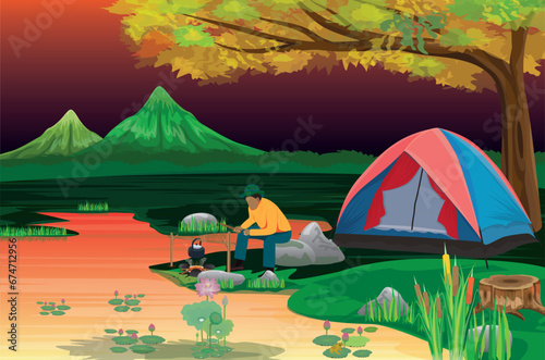 one man camping in forest vector design