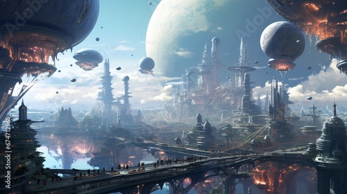 A surreal, floating city in the upper atmosphere of a gas giant, with transparent domes and intricate walkways suspended amidst colorful clouds, as alien inhabitants traverse the airborne vehicles.