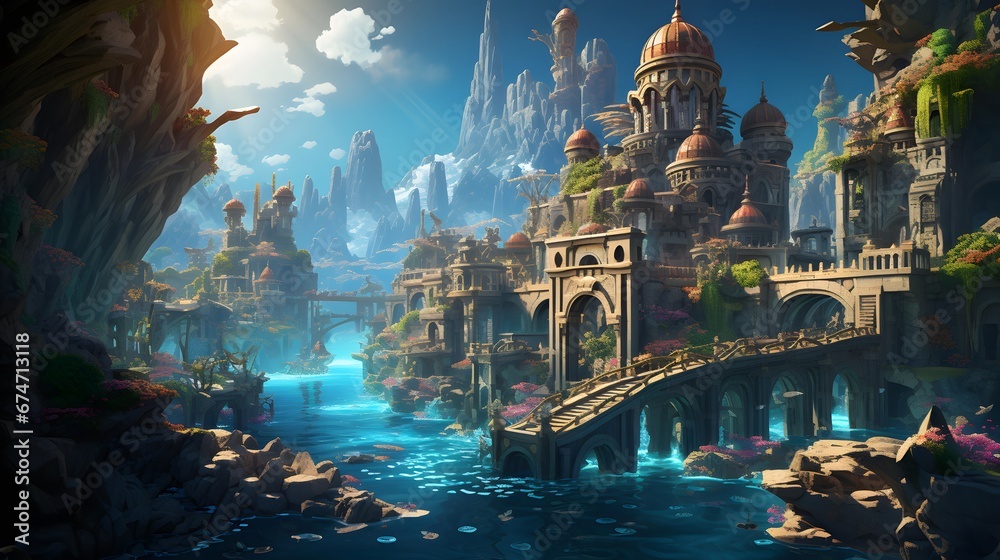 Fantasy landscape with a bridge over the river. 3d rendering