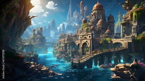 Fantasy landscape with a bridge over the river. 3d rendering © Iman