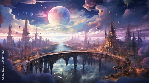 A surreal, floating city in the upper atmosphere of a gas giant, with transparent domes and intricate walkways suspended amidst colorful clouds, as alien inhabitants traverse the cityscape