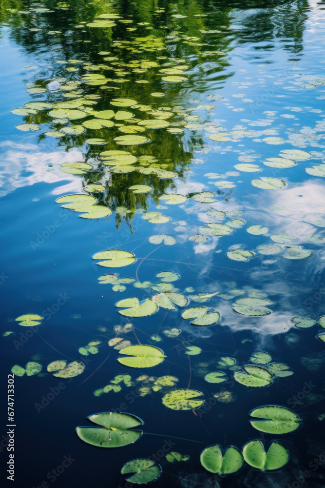 surface d'une rivière où se reflète les arbres de la foret, ils flottent des feuilles et des fleurs à la surface de l'eau avec des ondulations dû au souffle du vent