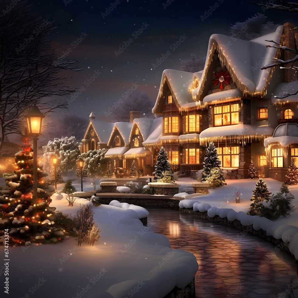 Snowy night in the winter village. Winter landscape with houses and trees.