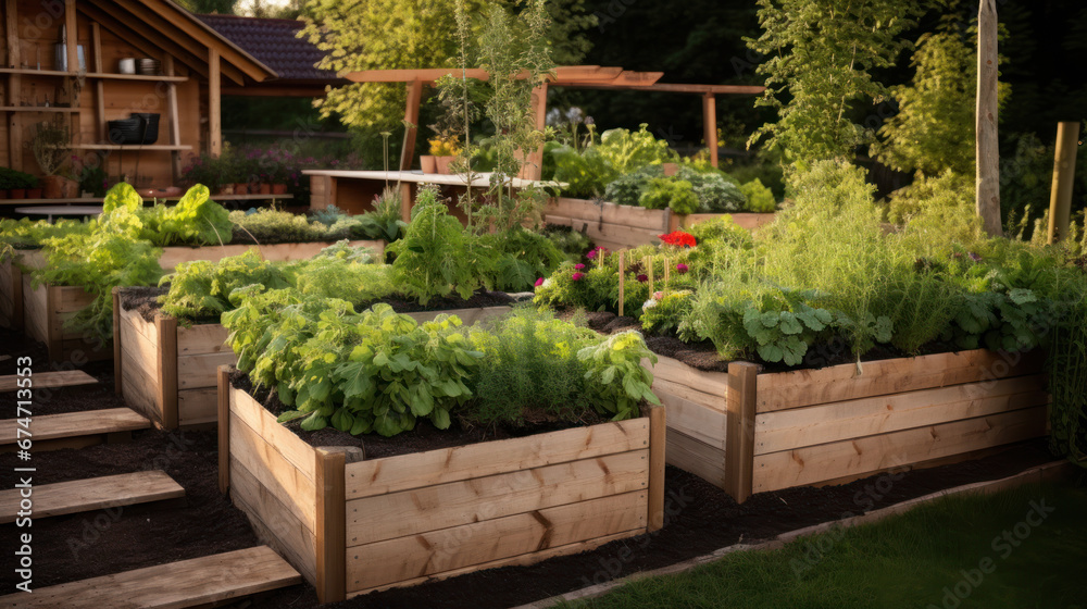 This small urban backyard garden contains square raised planting beds for growing vegetables and herbs throughout the summer. Brick edging is used to keep grass out, and mulch helps keep weeds down.