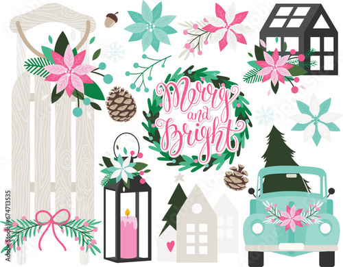 Christmas Farmhouse Decor, Pink and blue