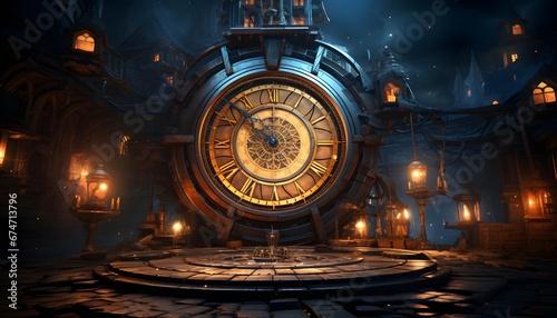 3D rendering of an old ship with a clock on the background