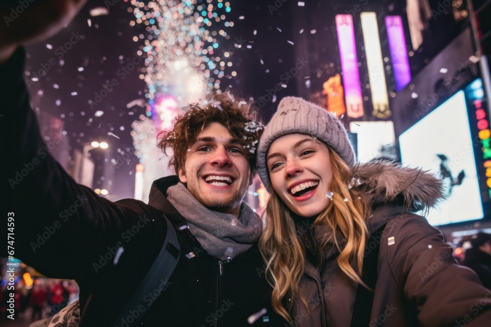 A couple celebrating new year in big city taking selfie A couple celebrating new year in big city taking selfie