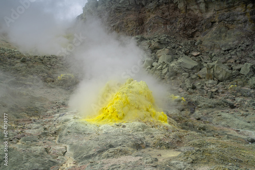 Mount Iou, or Iwo, a volcano in the Akan Volcanic Complex sits within the borders of the town of Teshikaga, known as Atosanupuri (Naked Mountain) for Ainu, Kushiro Subprefecture, Hokkaido, Japan