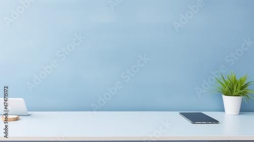 office design lay blue top view illustration table desk, texture space, minimal business office design lay blue top view