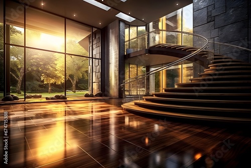 3d rendering of a modern luxury hotel lobby interior with stairway