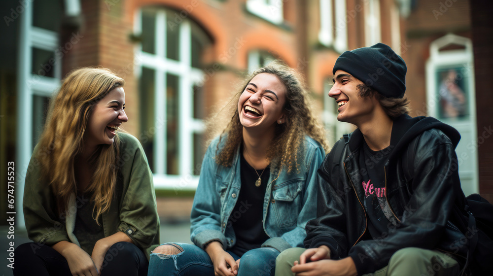 group of friends talking and laughing, college friends laughing - obrazy, fototapety, plakaty 
